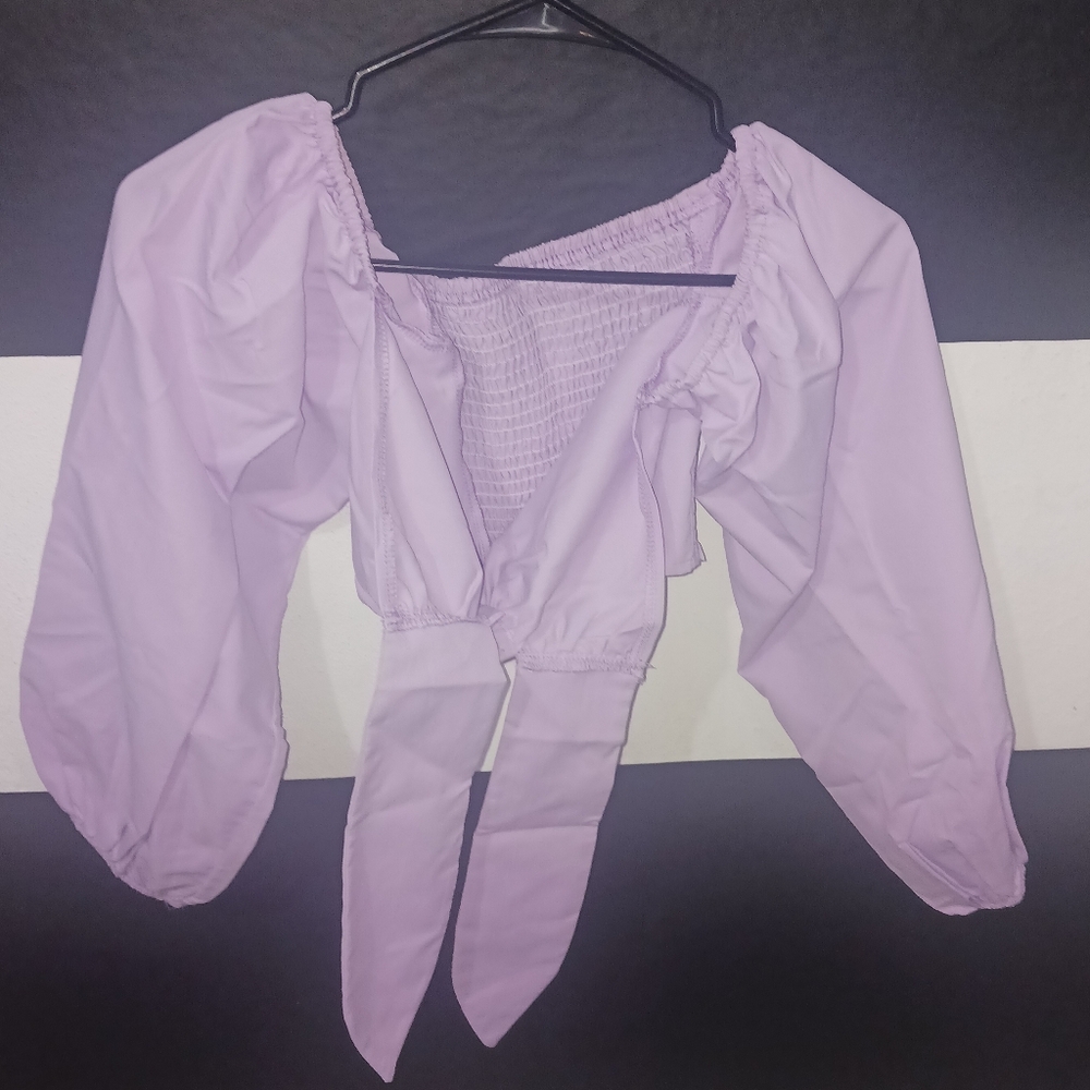 Women Lila purple puff sleeves bow blouse top - Picture 11 of 12